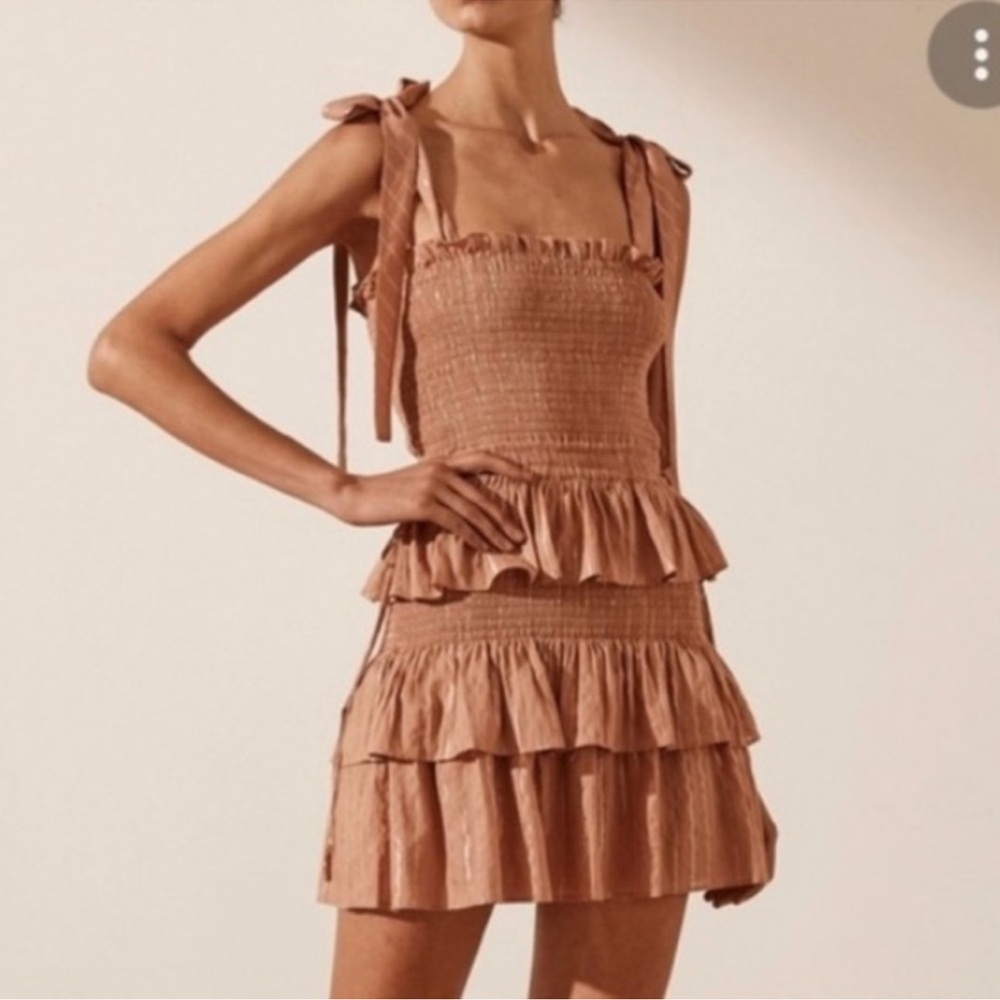 HOUSE OF HARLOW 1960 REVOLVE Tan & Gold Smocked Tie Shoulder Ruffle Mini Dress